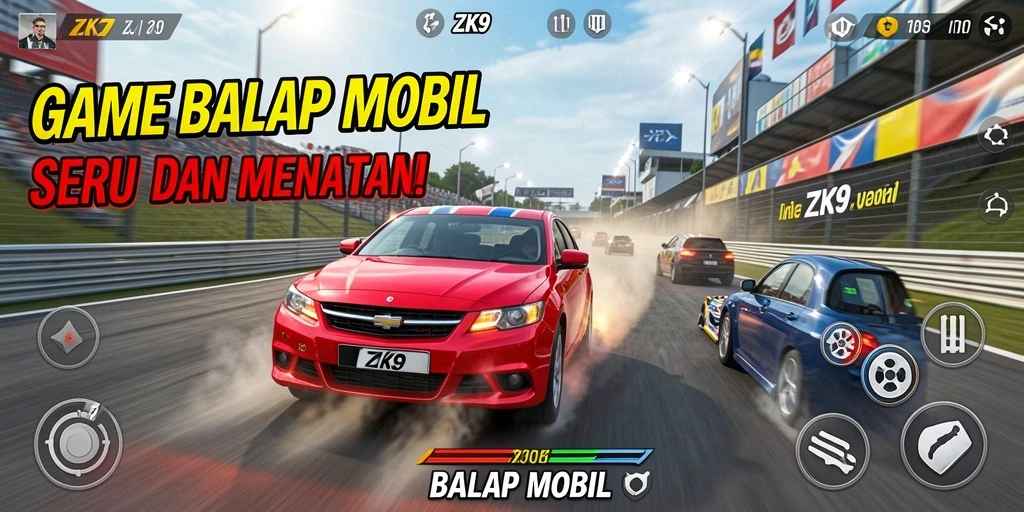 Tampilan antarmuka ZK9 dengan mobil balap di lintasan.